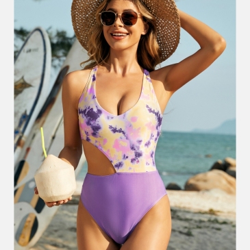 V Neck Beach Cut Out Sleeveless One-Piece Swimsuits