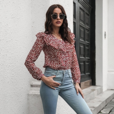 Loose Floral Long Sleeve Blouses For Women