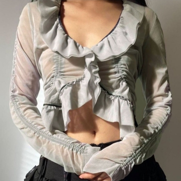 Sexy Ruffles Cropped Design Long Sleeve Blouse