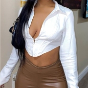 Sexy White V Neck Long Sleeve Cropped Blouse