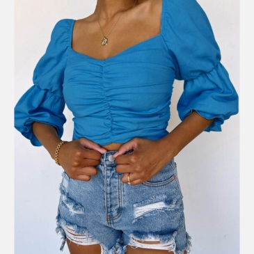 Summer U Neck Ruched Blouse For Women
