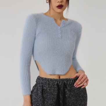   Fashion Solid Irregular Villus Long Sleeve Sweater