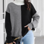 Turtle Neck Contrast Color Long Sleeve Sweater
