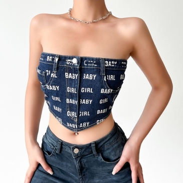  Denim Backless Bandage Letter Sexy Tank Top
