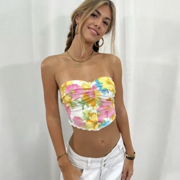  Flower Printed Strapless Backless Crop Tank Top