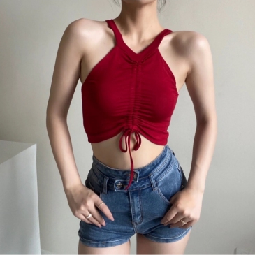  Ruched Solid Drawstring Cropped Tank Top