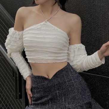  Ruffle Halter Backless Crop Tank Top With Sleeve