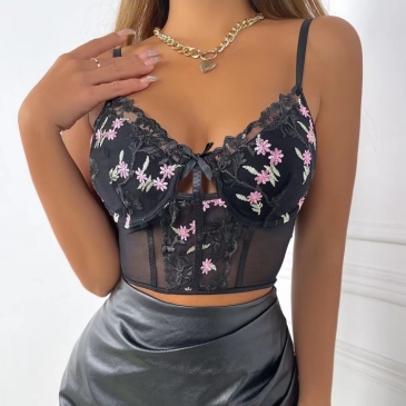  Sexy Embroidery Perspective Lace Flower Tank Top