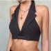 1 Tatting  Striped Notch Collar Halter Neck Cropped Tanks