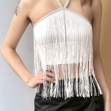 Attractive Shiny Fringe Halter Cropped Tank Top 