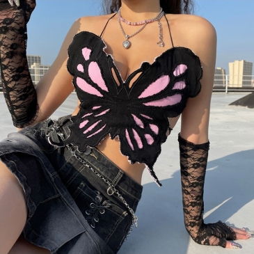 Butterfly Backless Spaghetti Strap Cropped Tank Top