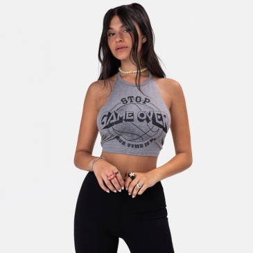 Casual Printed Tie Wrap Gray Cropped Tank Tops