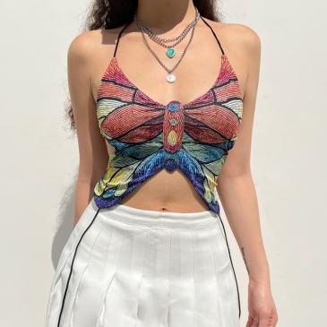 Chic Butterfly Multicolored Halter Cropped Tank Tops