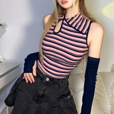 Chic Striped Ladies Fitted Tanks And Sleeve