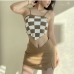 6Color Block Checkered Women Camisole Tops