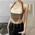 1Color Block Lace Up Sleeveless Halter Neck Top