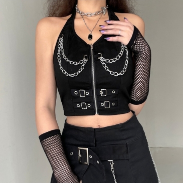 Cool Chain Patchwork Halter Neck Black Tanks