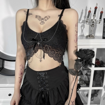 Designer Black Lace Chain Patchwork Cropped Tank Tops 