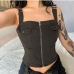 1Designer Chic Denim Pockets Zipper Up Tank Tops