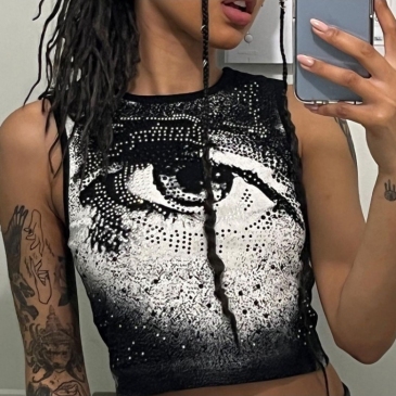 Fashion Printed Crew Neck Crop Tank Top