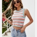 3Fashion Striped Crew Neck Cropped Tank Tops