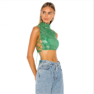 Nightclub Sequined Turtle Neck Slid Tie Wrap Cropped Tanks