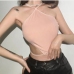 4Pink Halter Backless Irregular Cropped Tank Top