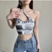 6Poster Printed One Shoulder Cropped Tank Top