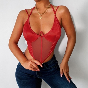 Red Deep V Neck Gauze Halter Tank Top