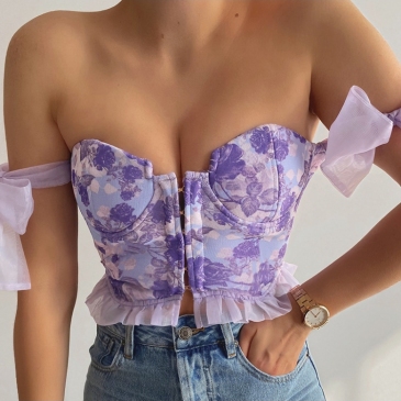 Sexy Flowers Printed Bowknot Cropped Tank Top