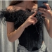 5Sexy Solid Fur Patchwork Off The Shoulder Tops