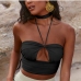 5Solid Hollow Out Tie Wrap Halter Crop Tank Top