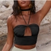 7Solid Hollow Out Tie Wrap Halter Crop Tank Top