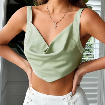 Solid V Neck Backless Crop Tank Top