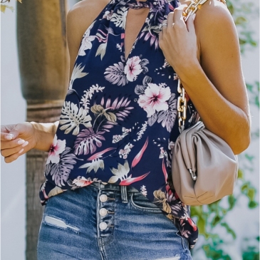 Summer Flowers Printed Halter Neck Sleeveless Top 