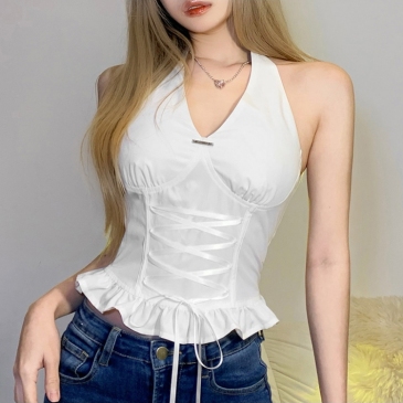 Tie Wrap Halter Ruffles White Tank Top Womens