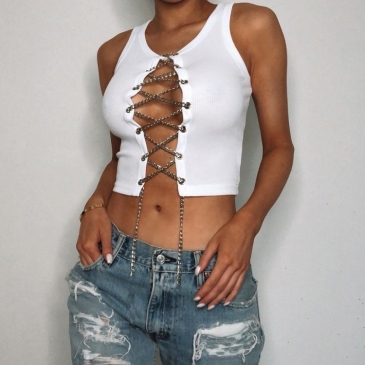 Trendy White Chain Hollow Out Cropped Tank Tops