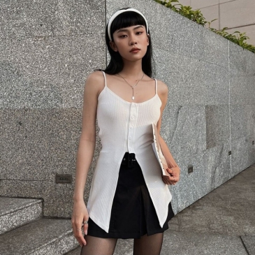 White Button Up Slit Sleeveless Tank Tops