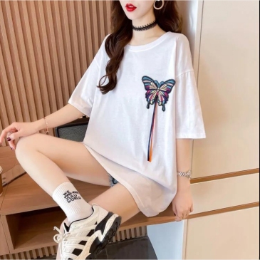  Butterfly Pattern Embroidery Short Sleeve T Shirt