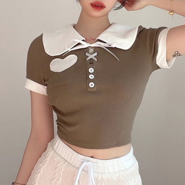  Contrast Color Lace Up Short Sleeve T Shirt