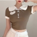 1 Contrast Color Lace Up Short Sleeve T Shirt