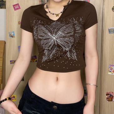   Fashion Butterfly Hot Drilling Short Sleeve Crop Top