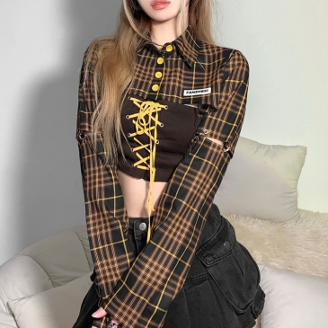   Fashion Plaid Long Sleeve Top With Strapless Tanks Set