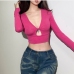 1 Hollowed Out Pure Color Long Sleeve Ladies Tops