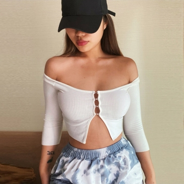  Sexy Rib Button Down Cropped T Shirt