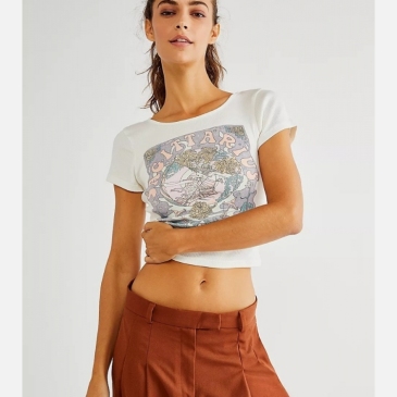  Womens Crew Neck Short Sleeve Cropped Tee