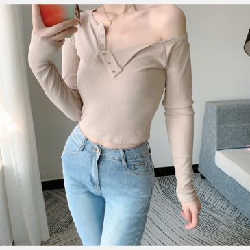 Button Solid Long Sleeve  T Shirts For Women