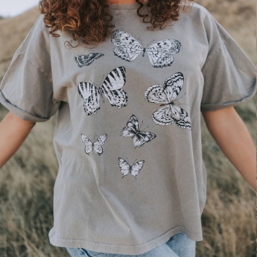 Casual Gray Butterfly Printed Summer Women T Shirts