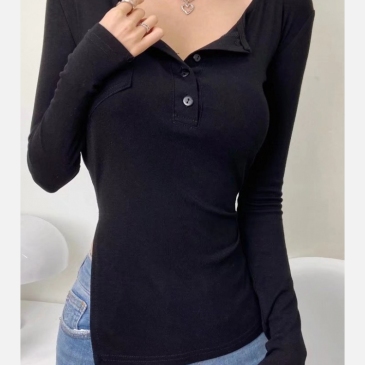 Casual Pure Color Slit Ladies Tee Shirts