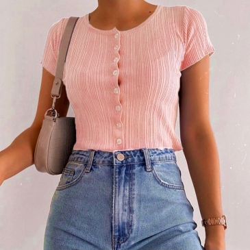 Casual Solid Single Button Short Sleeve Top